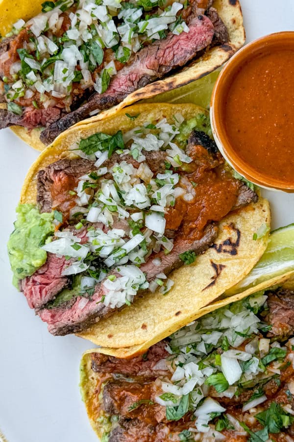 Carne Asada Tacos with Salsa Roja and Guacamole